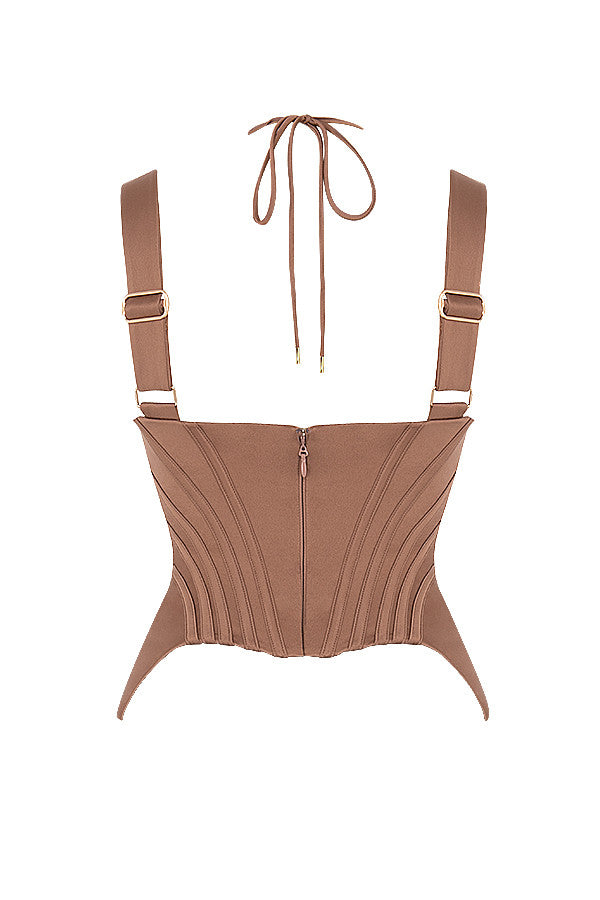 Gorset z satynową peplum w kolorze toffi