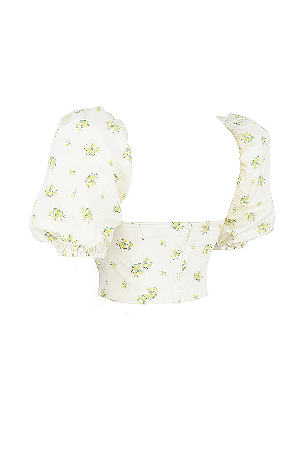 Gorset w kolorze koœci sęoniowej z kwiatami i bufiastymi rêkawami