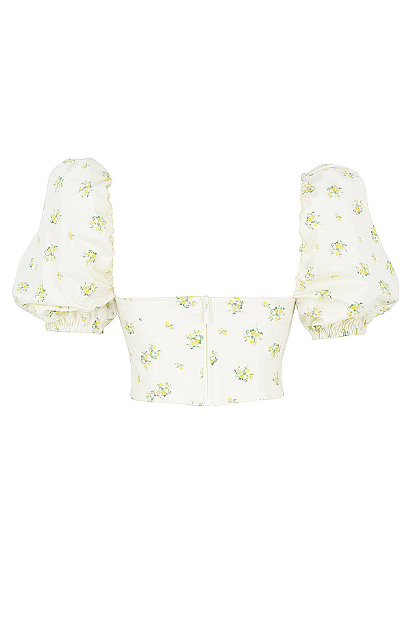 Gorset w kolorze koœci sęoniowej z kwiatami i bufiastymi rêkawami