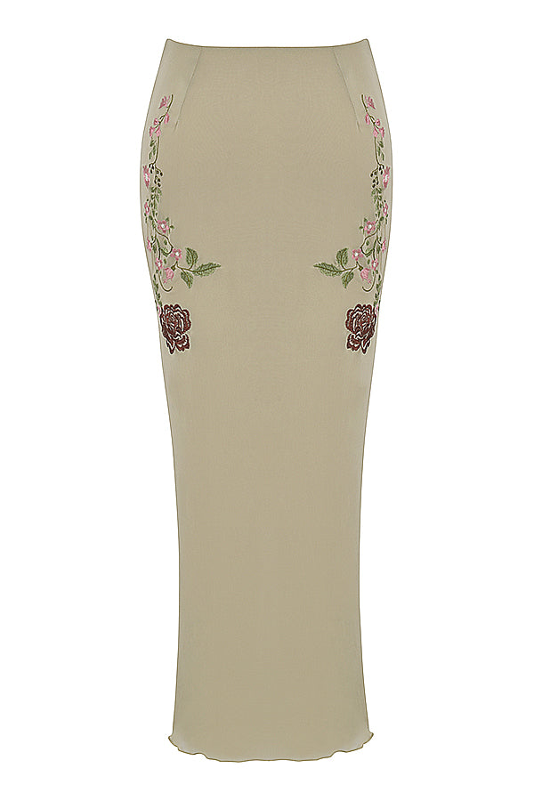 Top w kolorze karczocha z kwiatową kokardką z przodu i spódnicą maxi