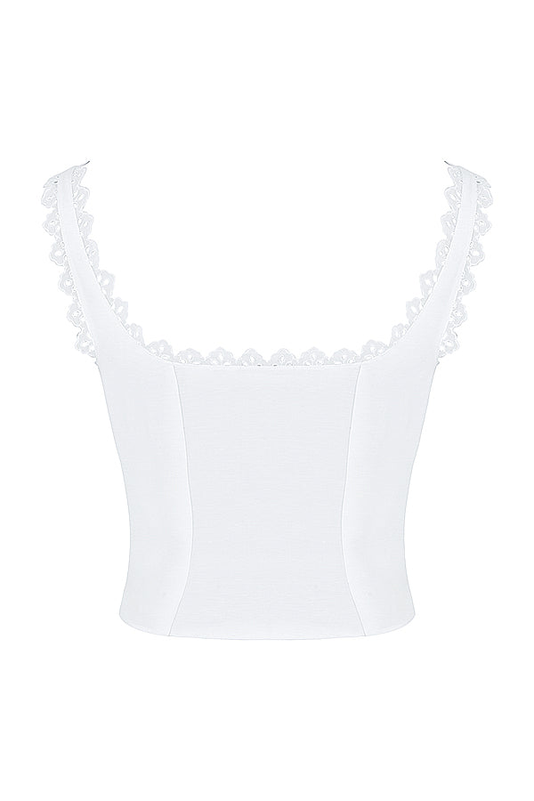 Biaęy koronkowy top z lnianą mini spódniczką w ksztaęcie litery A