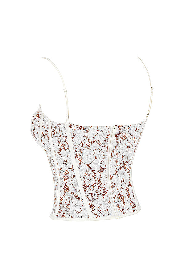 Koronkowy gorset z fiszbinami i karmelowymi spodniami o swobodnym kroju