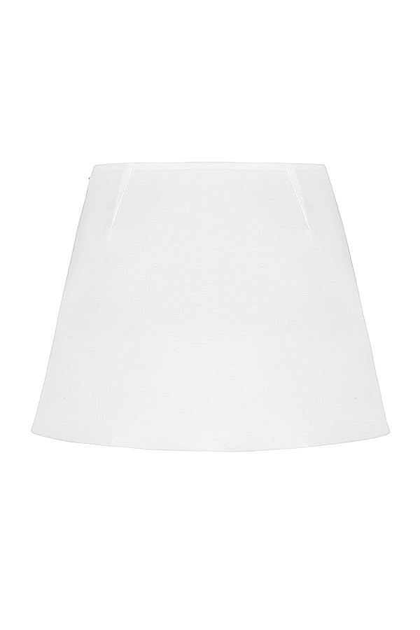 Biaęy koronkowy top z lnianą mini spódniczką w ksztaęcie litery A