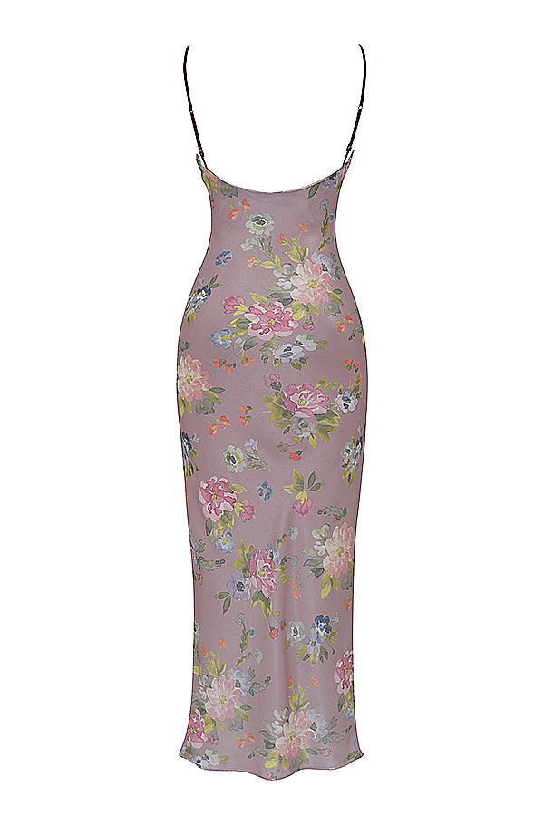 Fioletowa sukienka maxi w kwiaty