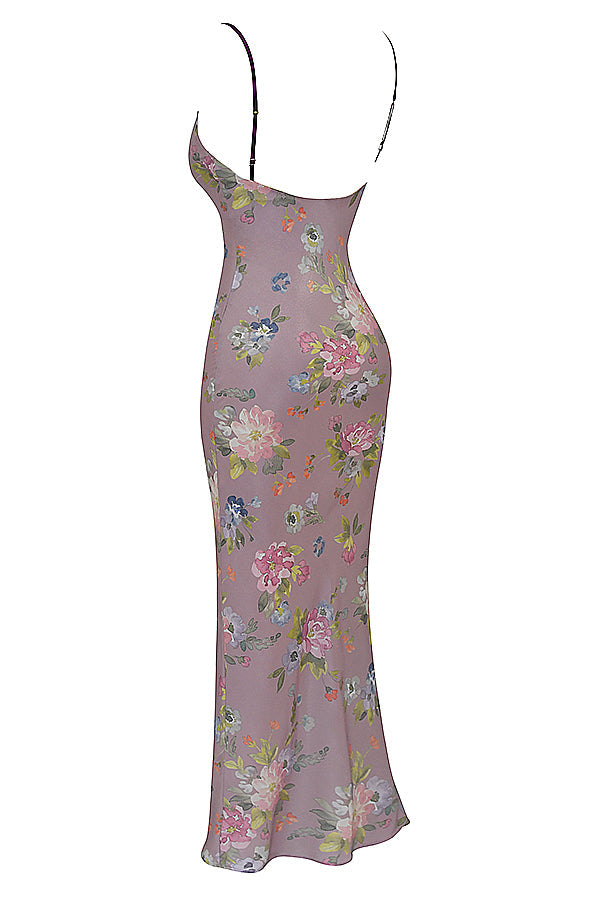 Fioletowa sukienka maxi w kwiaty