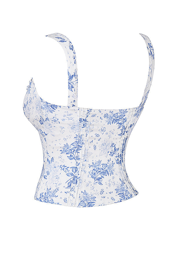 Niebieski top w kwiaty ze spódnicą midi