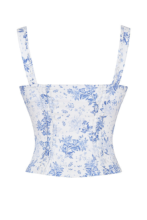 Niebieski top w kwiaty ze spódnicą midi