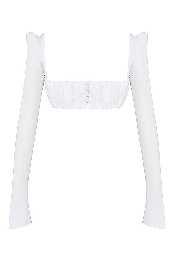 Biaęy top z bufiastymi rêkawami i mini spódniczką z kokardką