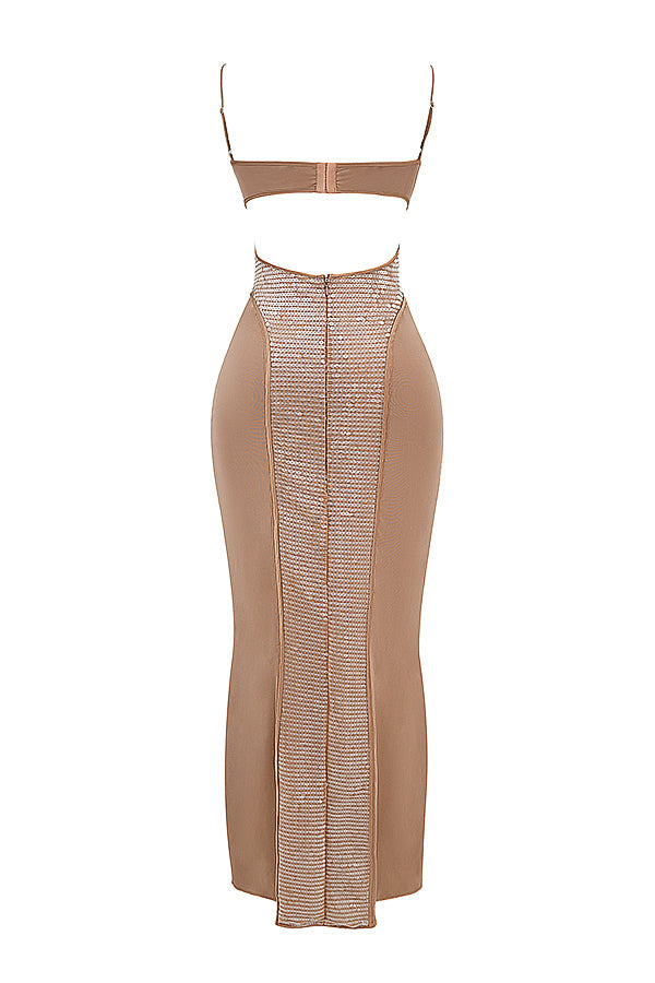 Sukienka maxi Cafe au Lait z brokatem