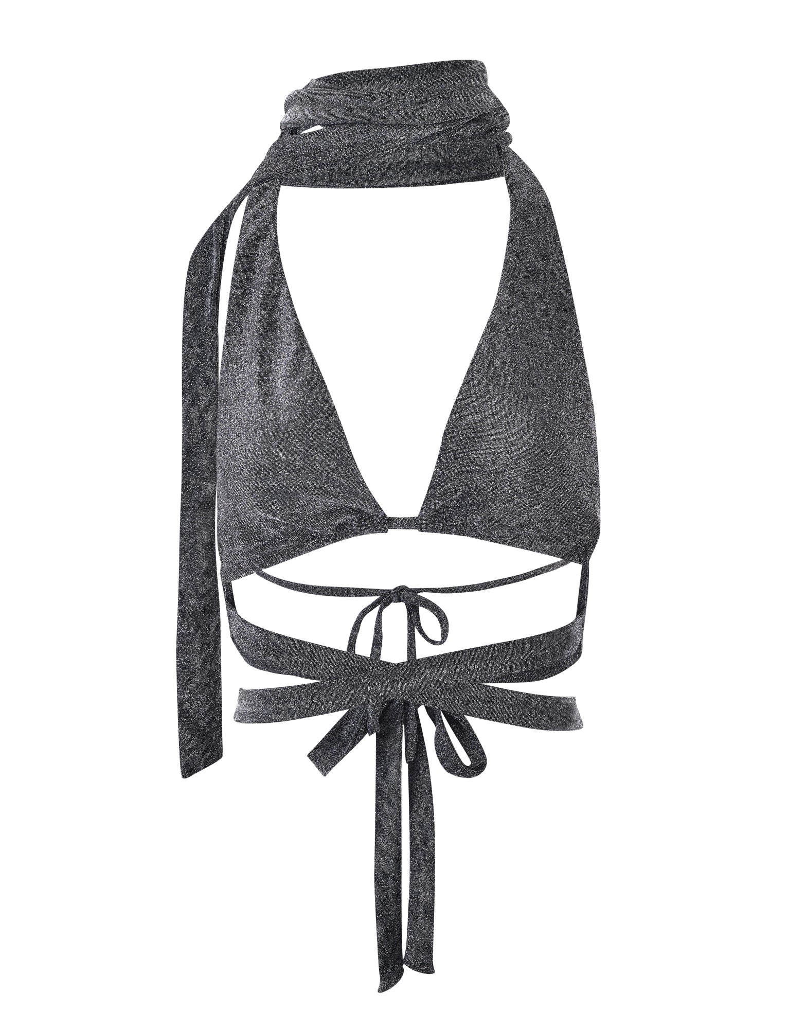 Spódnica maxi z rozcięciem z przodu i górą bikini w lśniącym srebrze