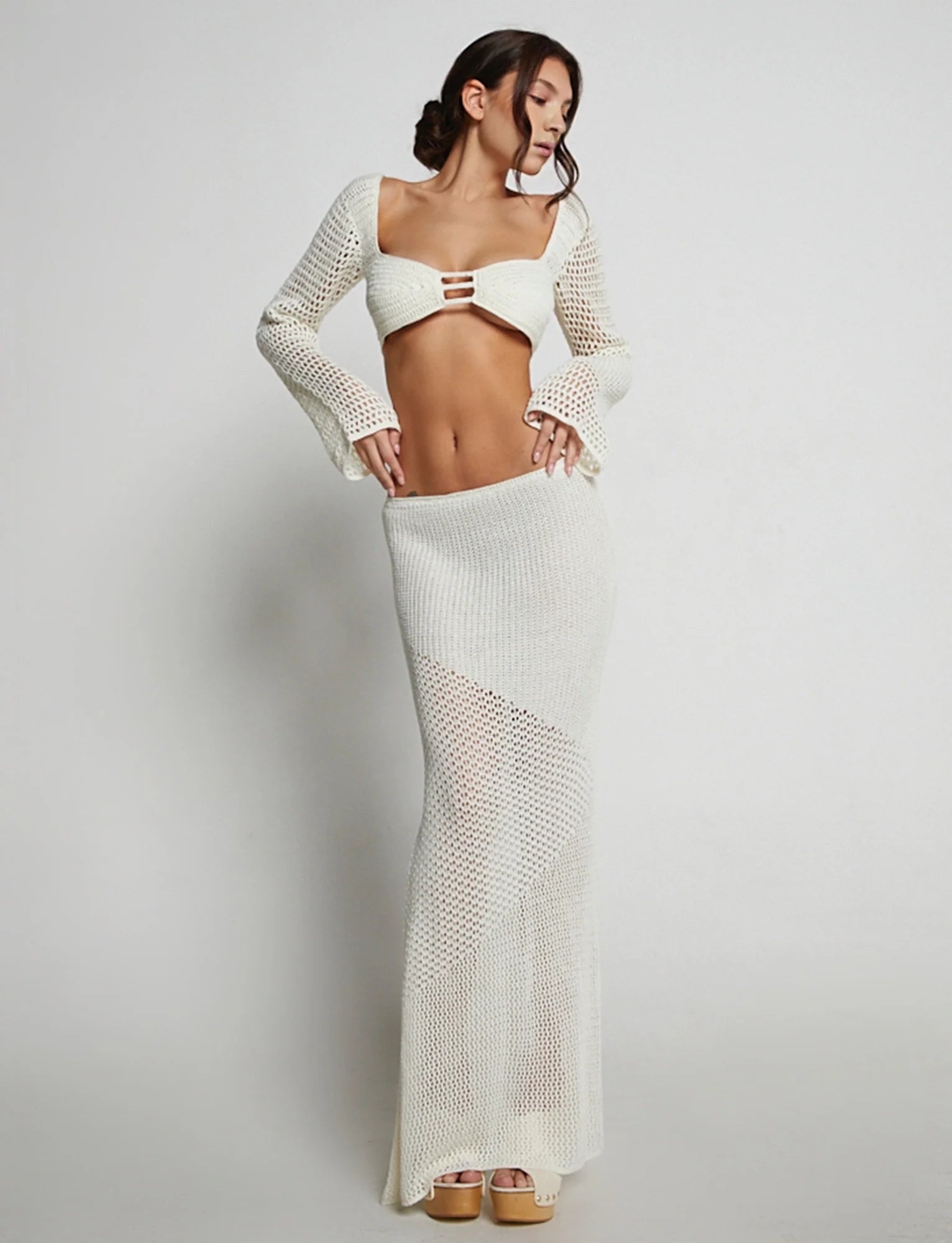 Spódnica Maxi z Długim Rękawem Crop Top Set