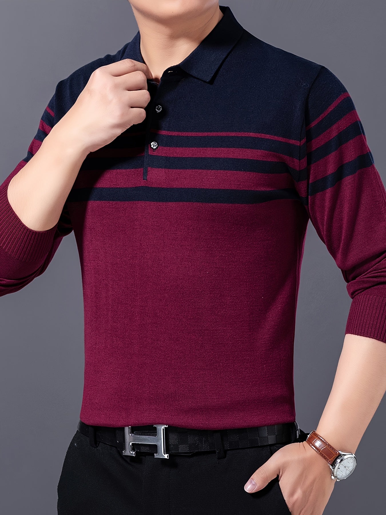 Stylowy sweter mêski w paski z klapami