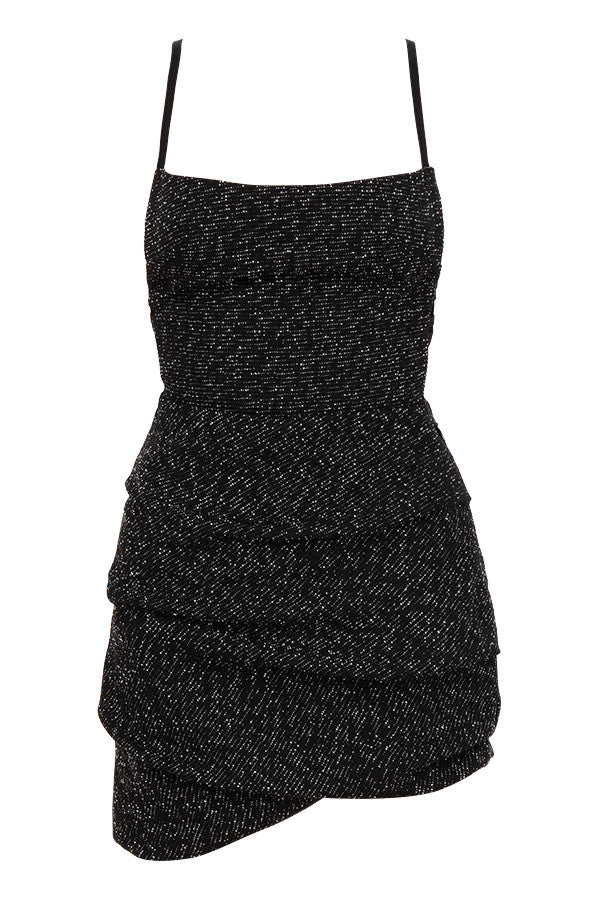 Czarna drapowana mini sukienka w kolorze bouclé
