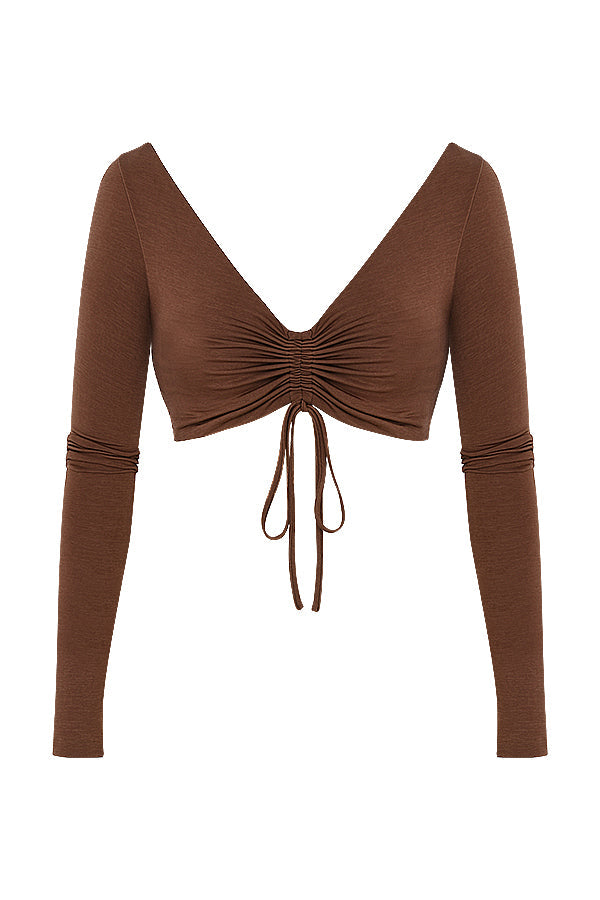 Crop top z marszczeniem w kolorze czekolady i dżersejowa spódnica maxi z zakrêcanym przodem