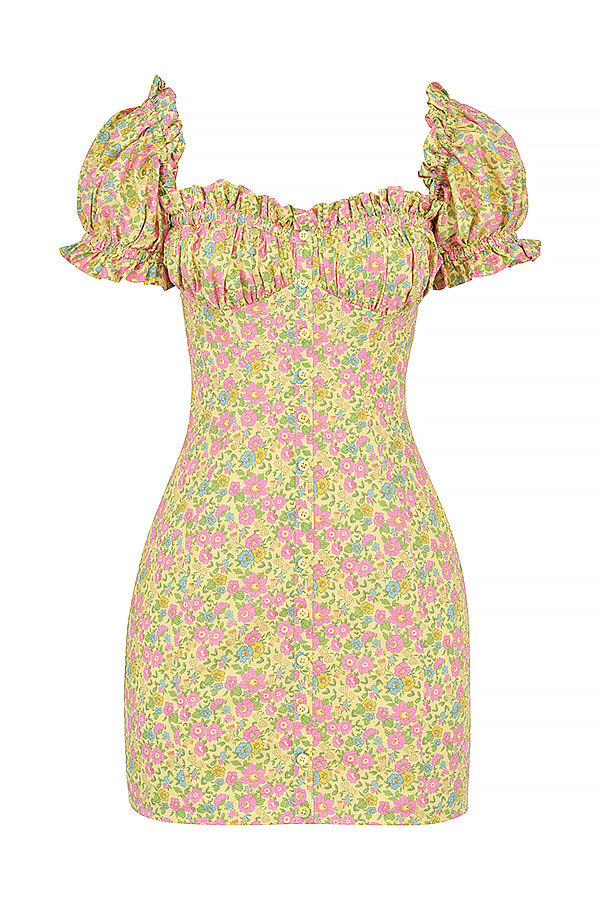 Sukienka mini w stylu vintage z bufiastymi rêkawami w kwiaty