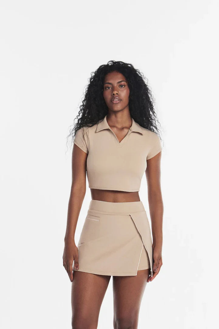 Dwuczęściowy Top ze Spódnicą w Beżu