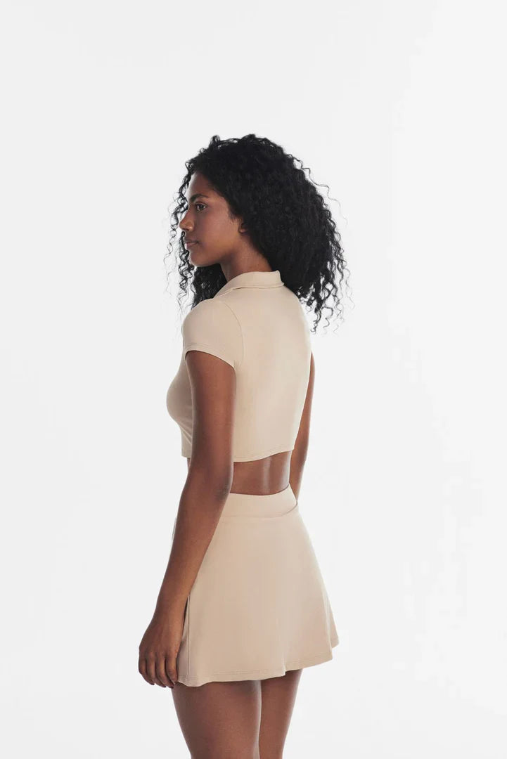 Dwuczęściowy Top ze Spódnicą w Beżu