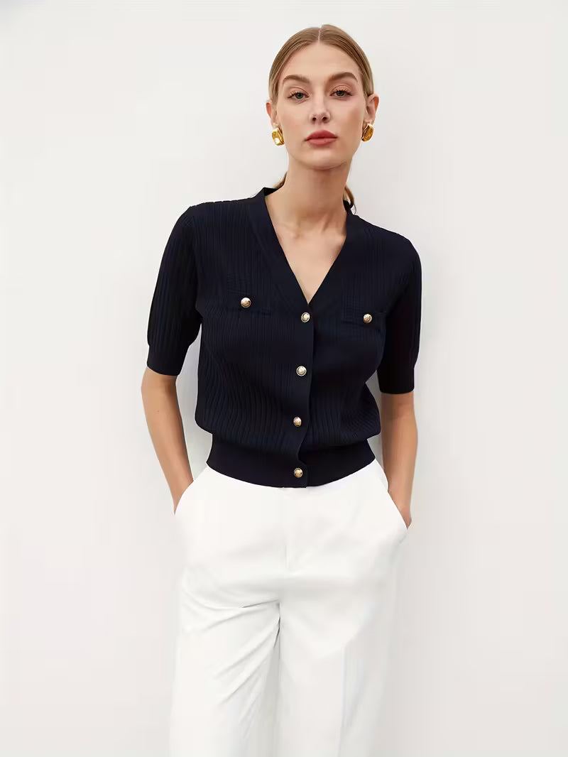 Krótki rękaw, czarny kardigan w paski