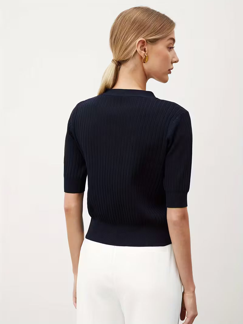 Krótki rękaw, czarny kardigan w paski