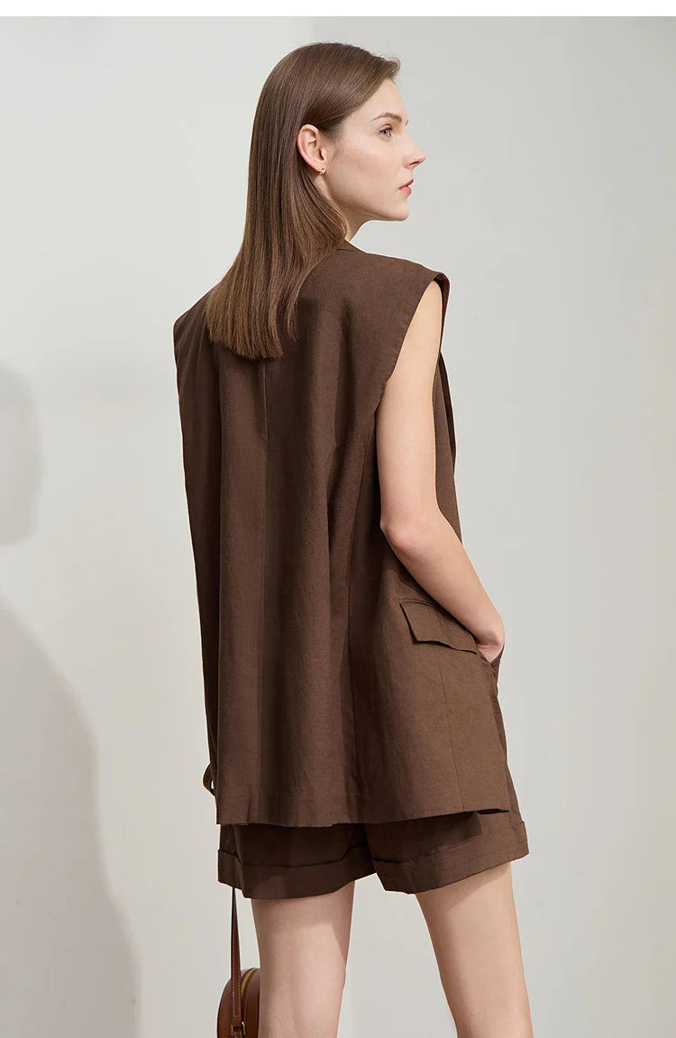 Luźny komplet z bawełny i lnu: kamizelka i spodenki