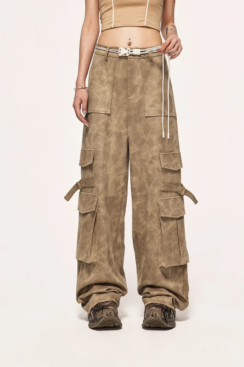 Zamszowe spodnie cargo w stylu vintage
