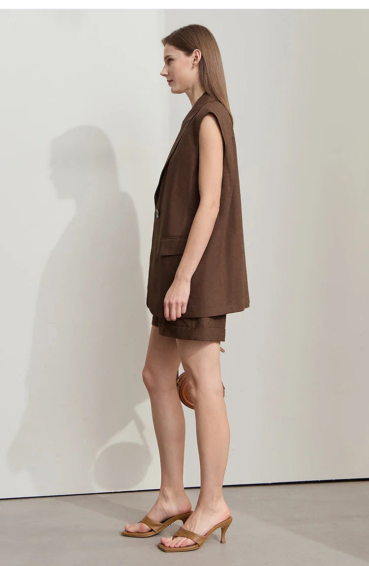 Luźny komplet z bawełny i lnu: kamizelka i spodenki