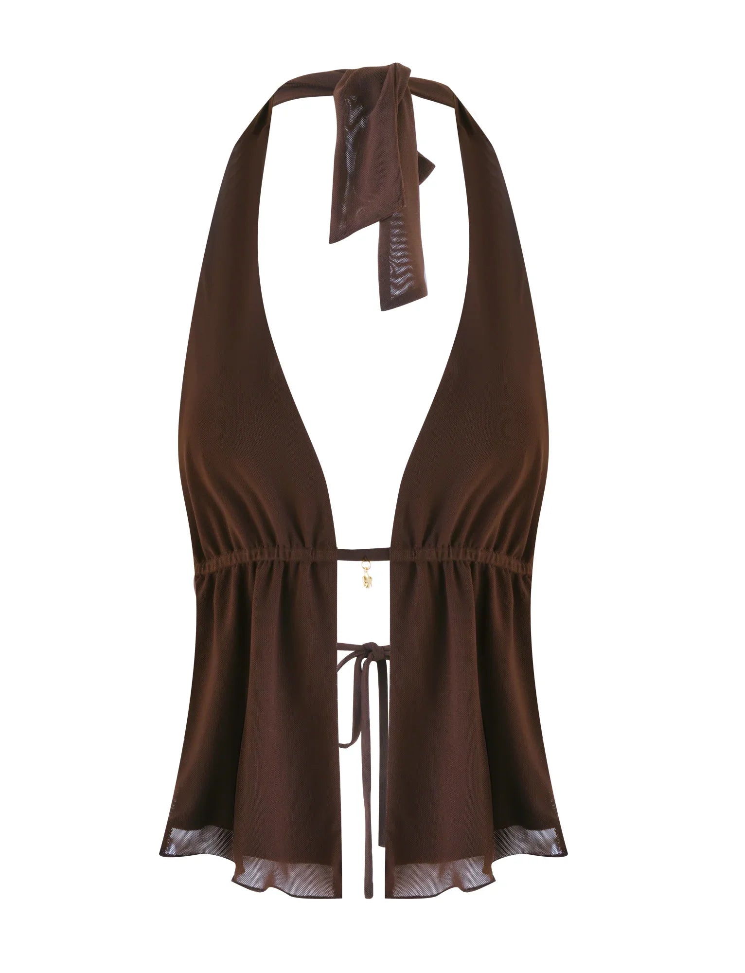 Komplet ciemnobrązowej bluzki z dekoltem halter i spódnicy biodrowej
