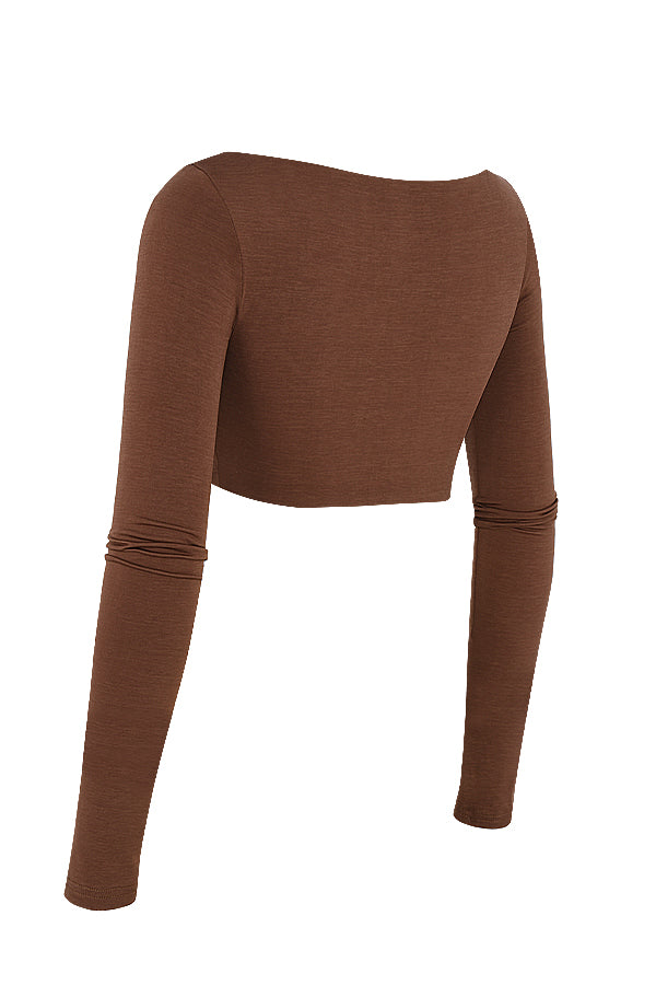 Crop top z marszczeniem w kolorze czekolady i dżersejowa spódnica maxi z zakrêcanym przodem