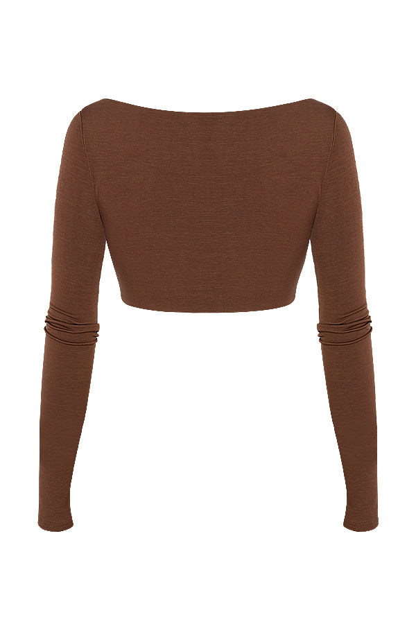 Crop top z marszczeniem w kolorze czekolady i dżersejowa spódnica maxi z zakrêcanym przodem