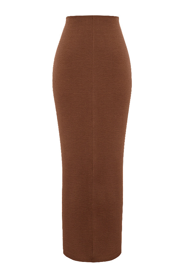 Crop top z marszczeniem w kolorze czekolady i dżersejowa spódnica maxi z zakrêcanym przodem