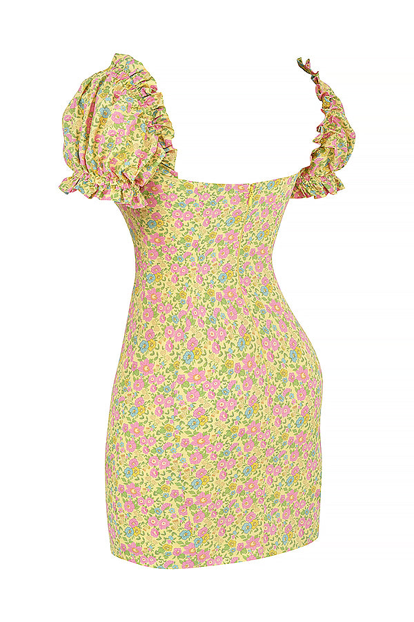 Sukienka mini w stylu vintage z bufiastymi rêkawami w kwiaty