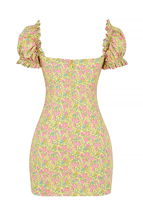 Sukienka mini w stylu vintage z bufiastymi rêkawami w kwiaty